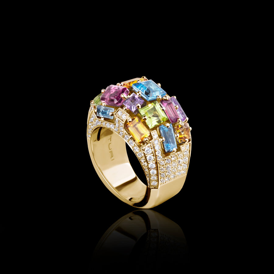 Cubism Colourburst Domed Diamond and Gemstone ring in 18ct yellow gold by Stefano Canturi