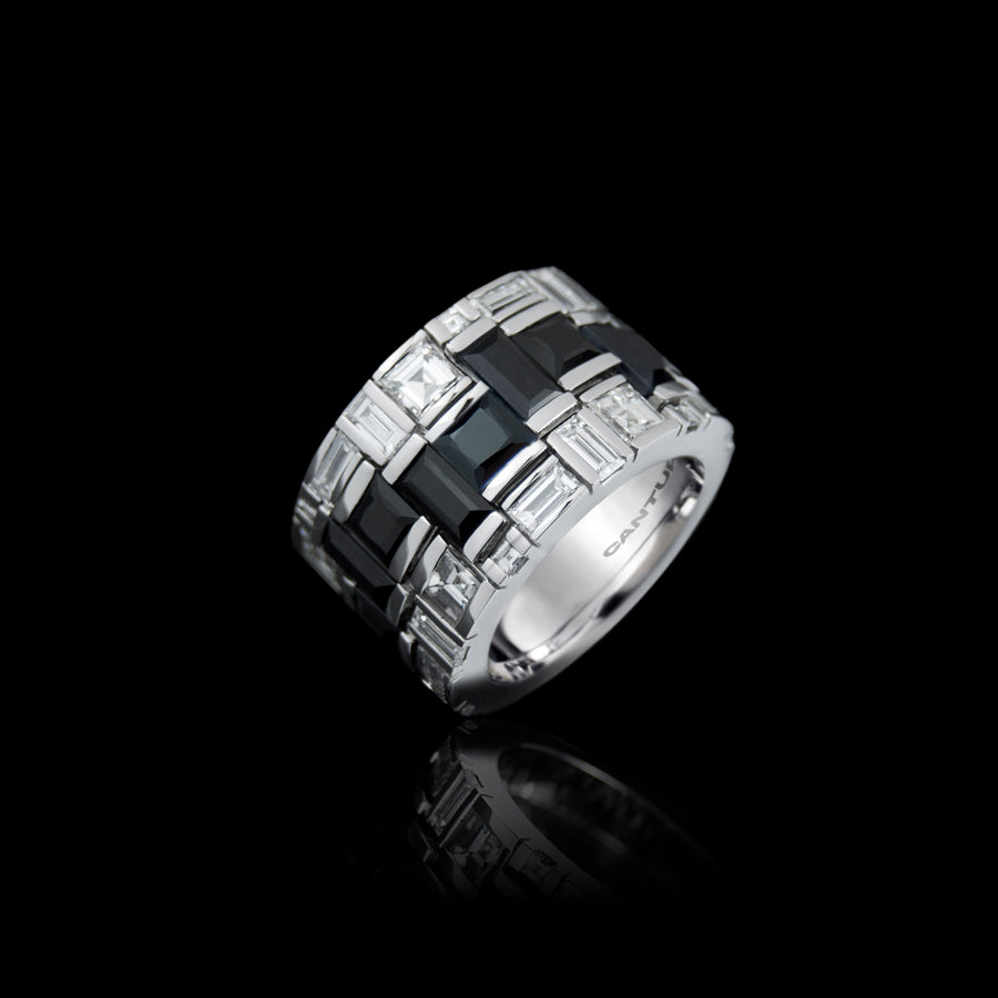 Cubism Radiant 3 row diamond and Australian black sapphire ring in 18ct white gold by Stefano Canturi