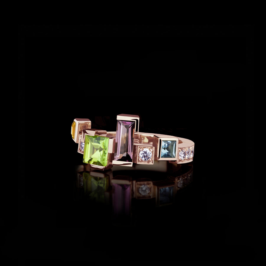 Cubism Colourburst single row gemstone ring in pink gold by Stefano Canturi