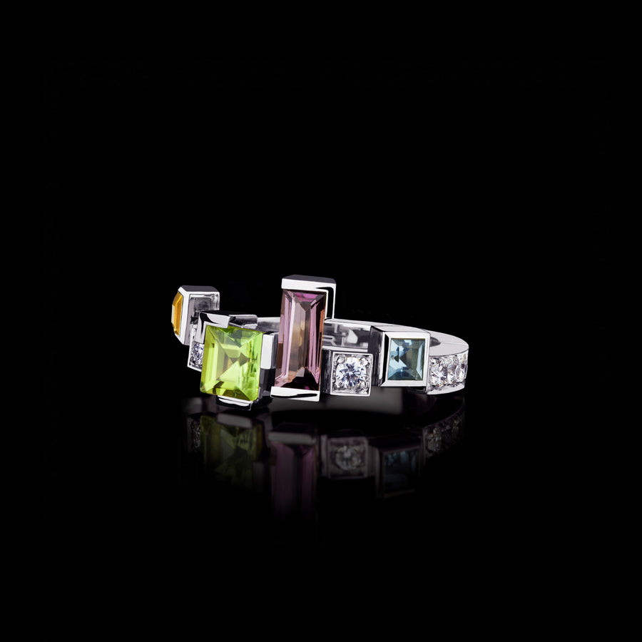 Cubism Colourburst single row gemstone ring in white gold by Stefano Canturi