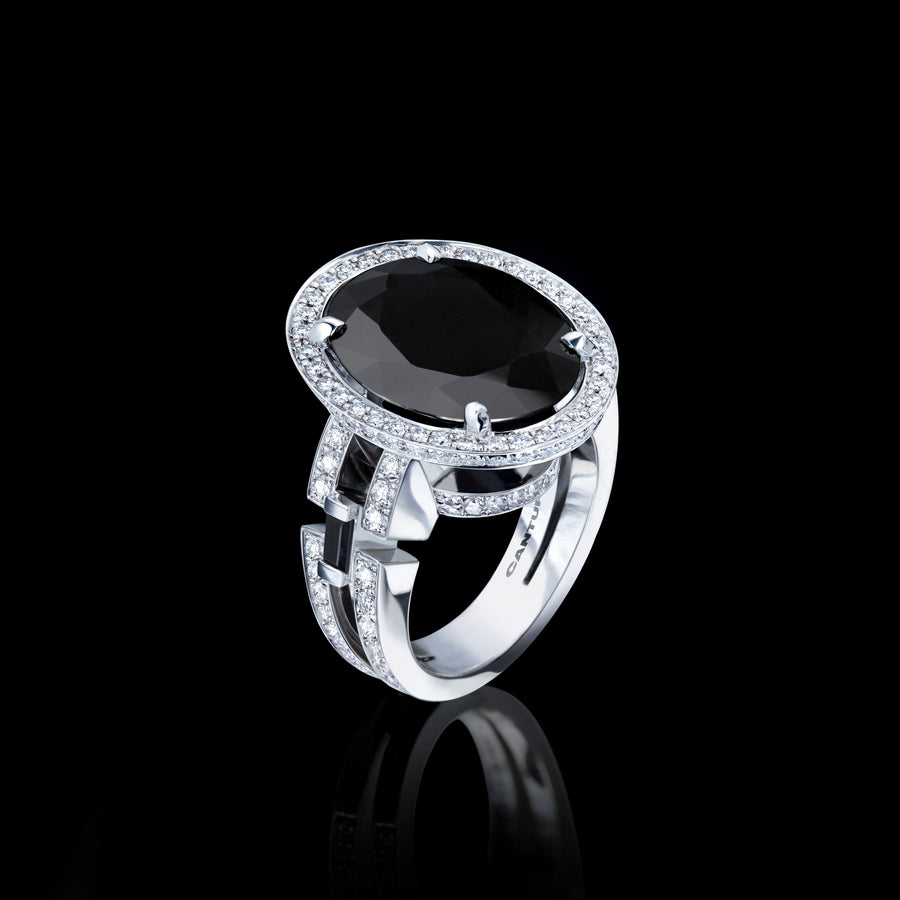 Metropolis diamond and oval Australian black sapphire ring in 18ct white gold by Stefano Canturi